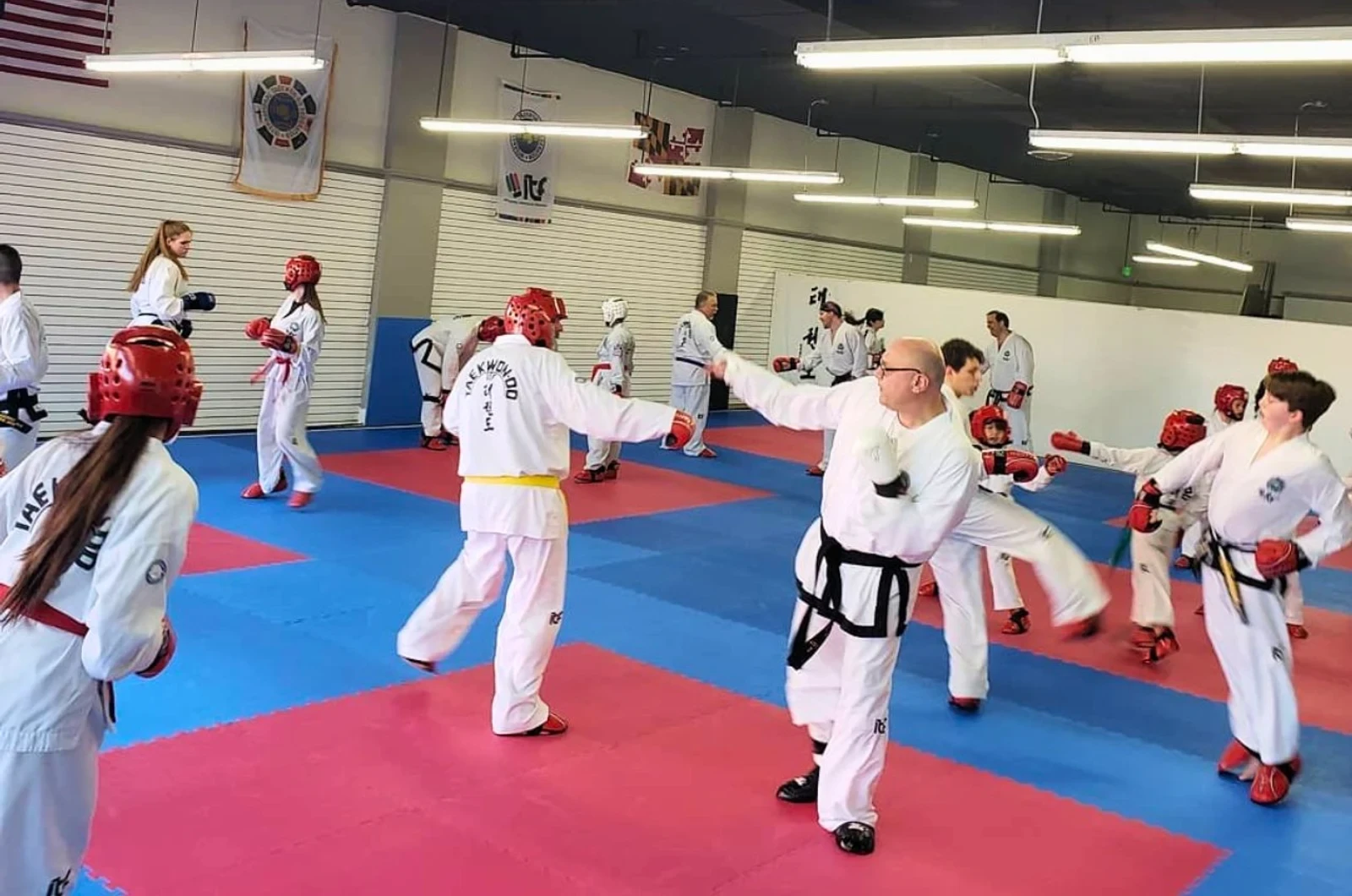 Adults relieving stress through martial arts